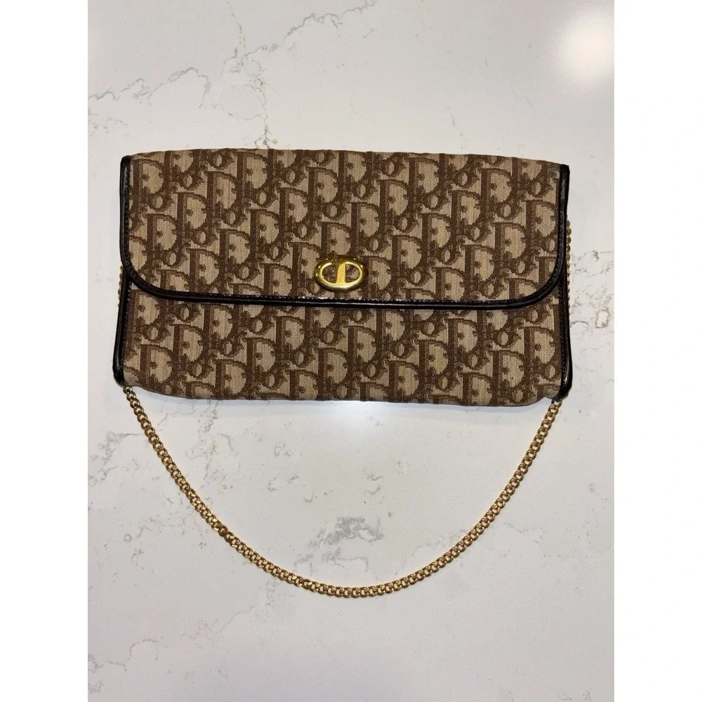 Dior Monogram Trotter Beige Brown Clutch Bag Gold Chain Shoulder Bag